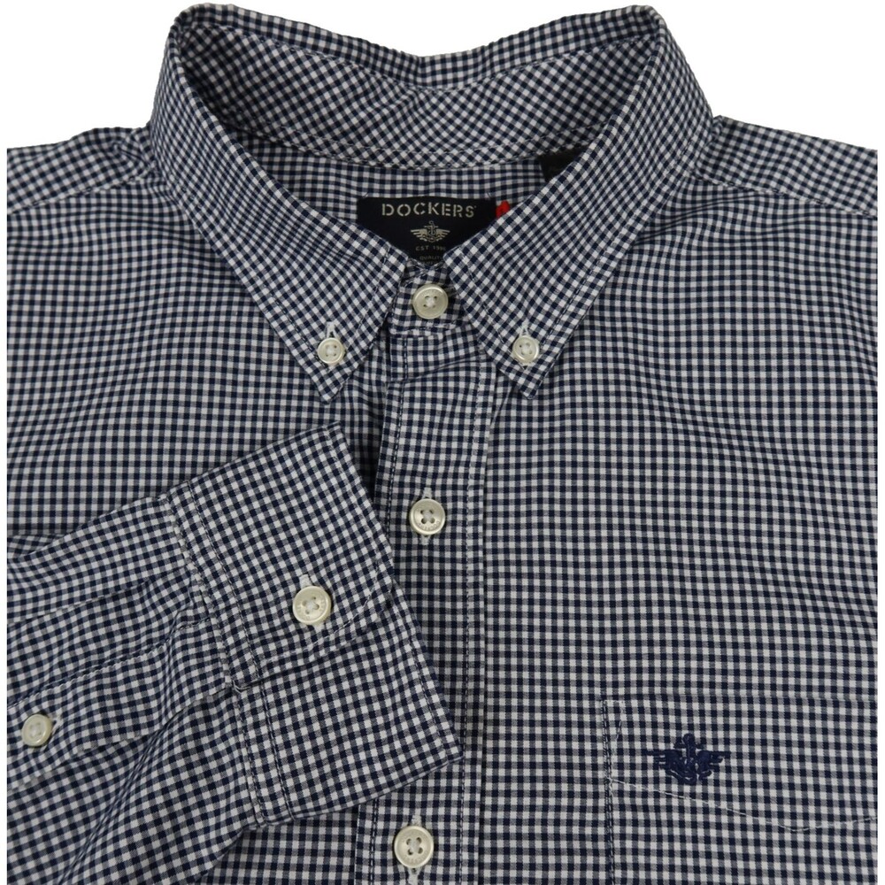 Dockers No-Wrinkle Button Down Shirt Men's Large Long Sleeve Navy Gingham Plaid